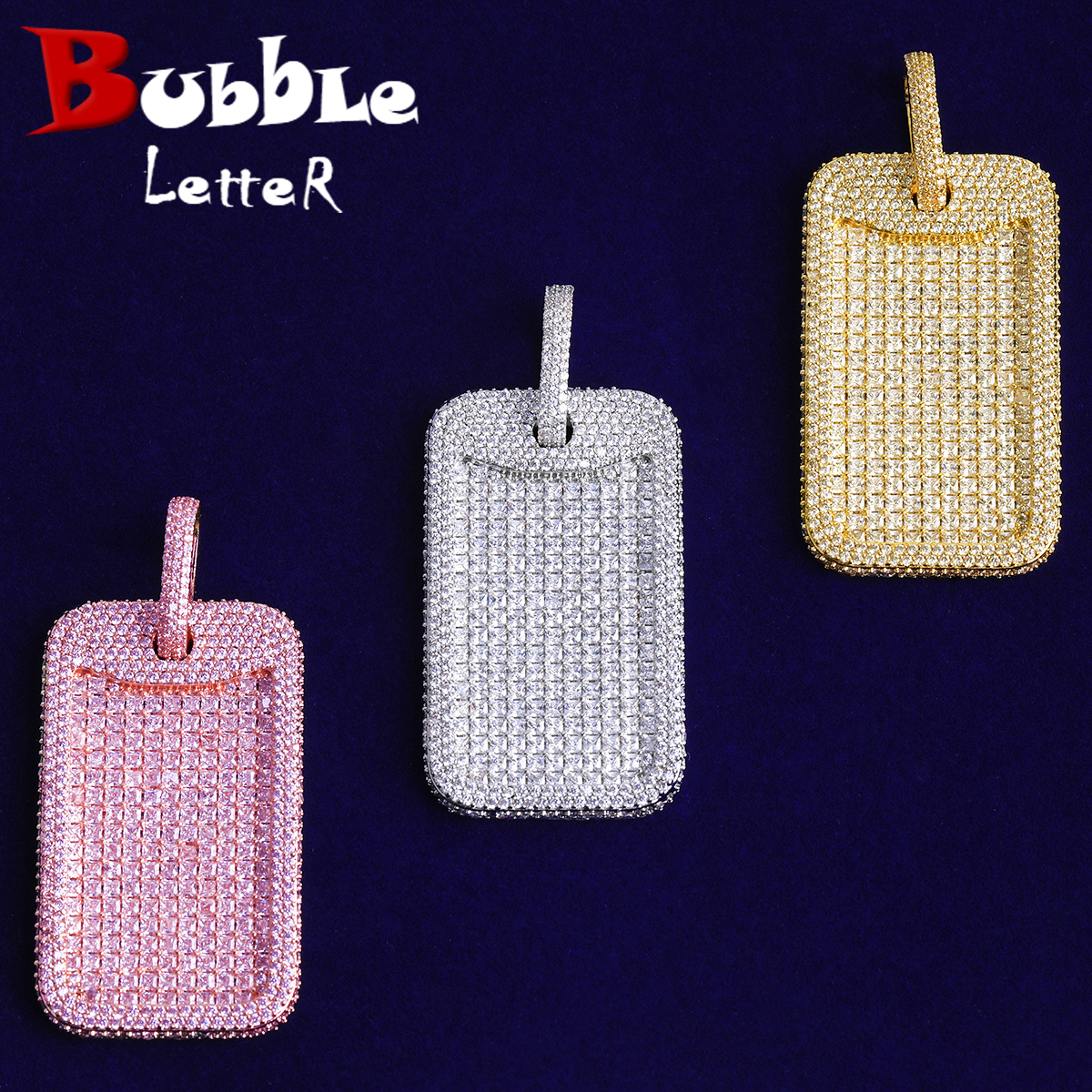 Mens Dog Tag Necklace - Bubble Letter Iced Out Dog Tag
