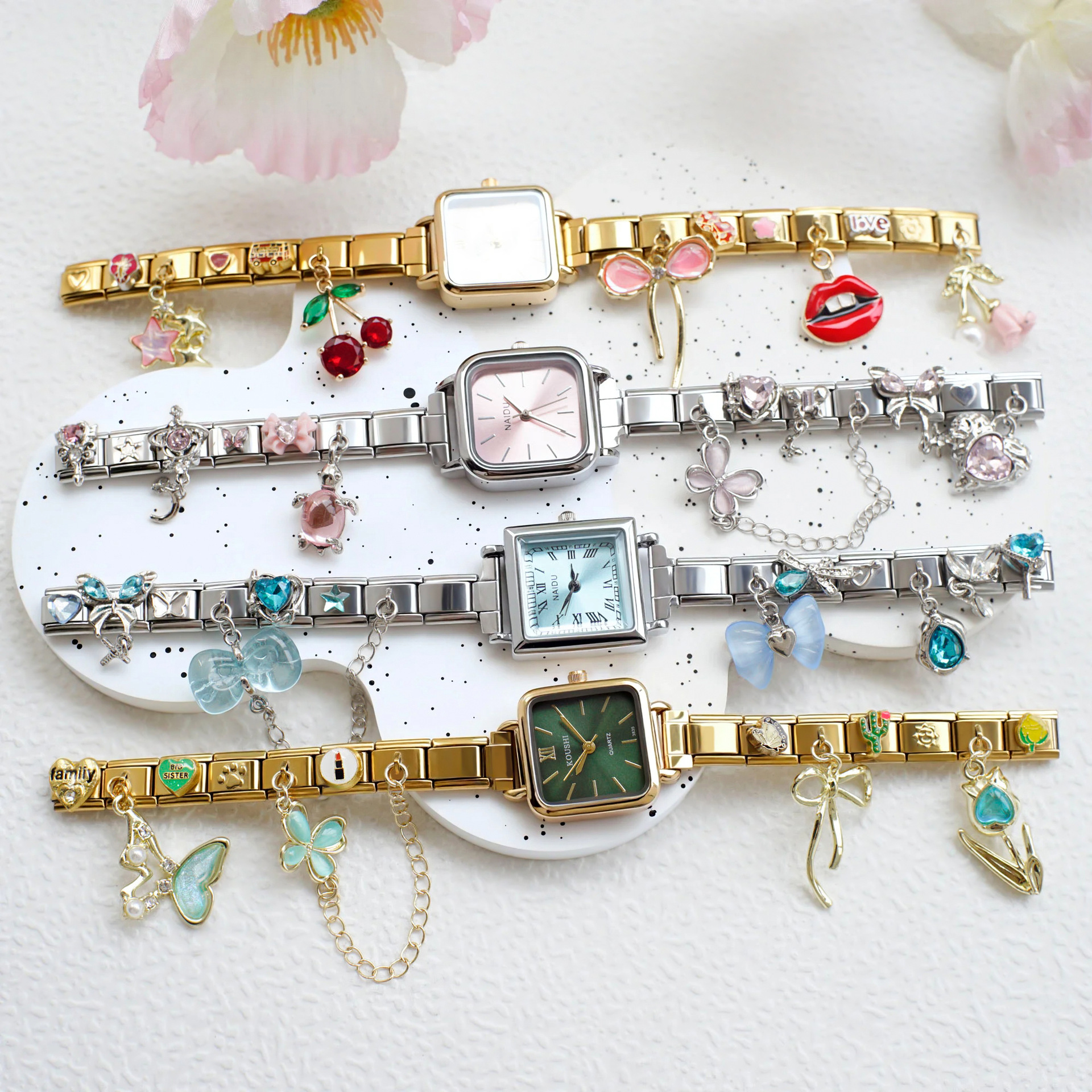 Jewelry Like Watches - Dames vierkant Italiaans horloge roestvrijstalen schakelarmband